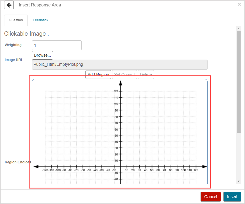 In the Insert Response Area window for Clickable Image, the uploaded image appears under Image URL textbox.